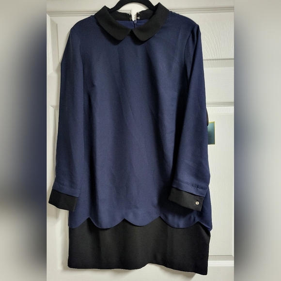 NWT-CeCe-Navy Blue & Black,Collared,Scalloped Hem Dress-Size 10 - Picture 1 of 8